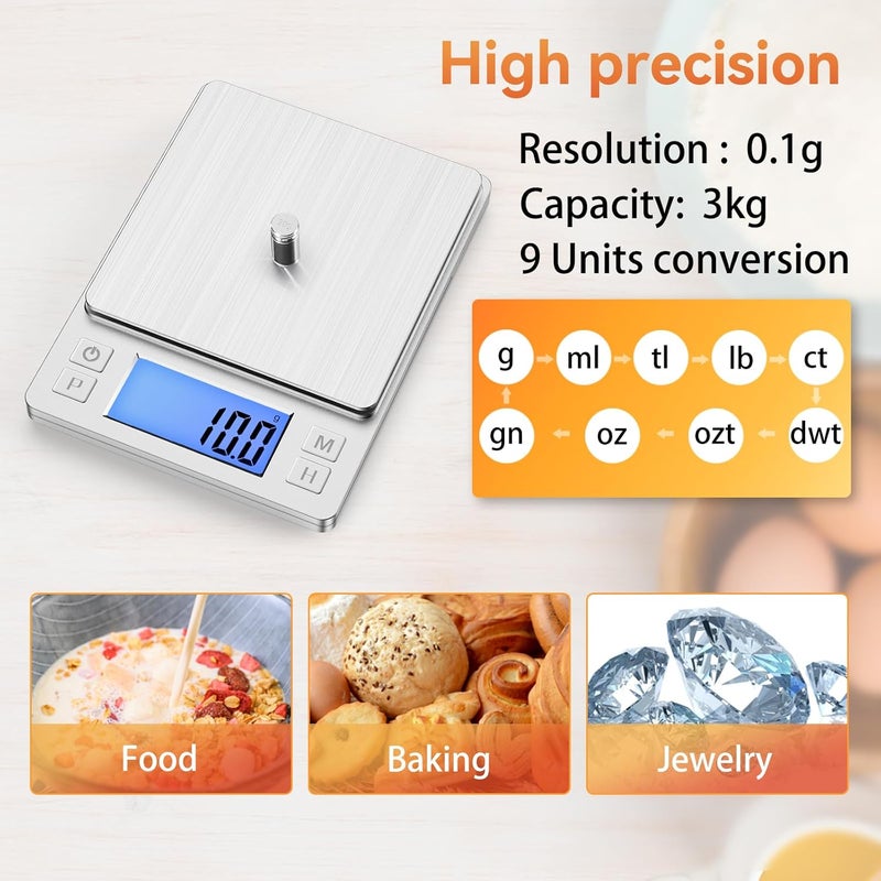 BOMATA Upgraded Small Food Scale, 0.1 g/0.001 oz High Precision, 3000 g/6.6 lb, with New Hold Function and Larger Display, USB Rechargeable, Digital Kitchen Scale for Small Item, Jewelry. Sliver - Image 4